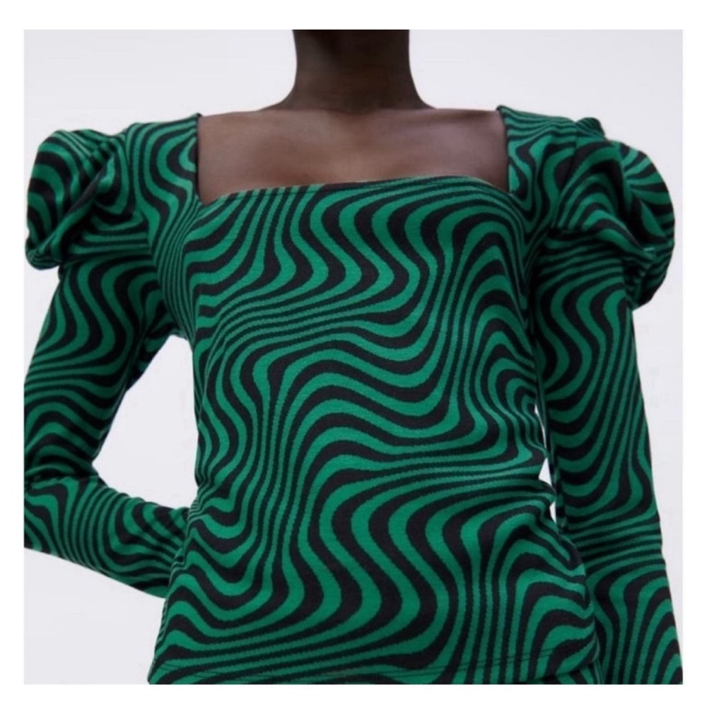 ZARA Jacquard Long Sleeve Blouse Puff Sleeve Green Black M